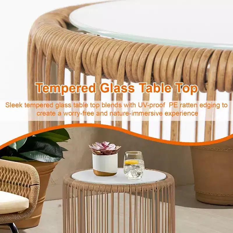 FDW Ensemble de Meubles de Patio 3 Pièces, Salon de Jardin en Rotin avec Coussins et Table en Verre pour Jardin, Blanc