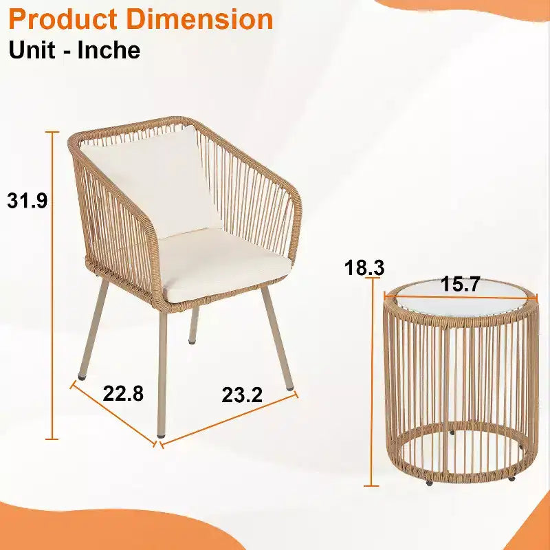FDW Ensemble de Meubles de Patio 3 Pièces, Salon de Jardin en Rotin avec Coussins et Table en Verre pour Jardin, Blanc