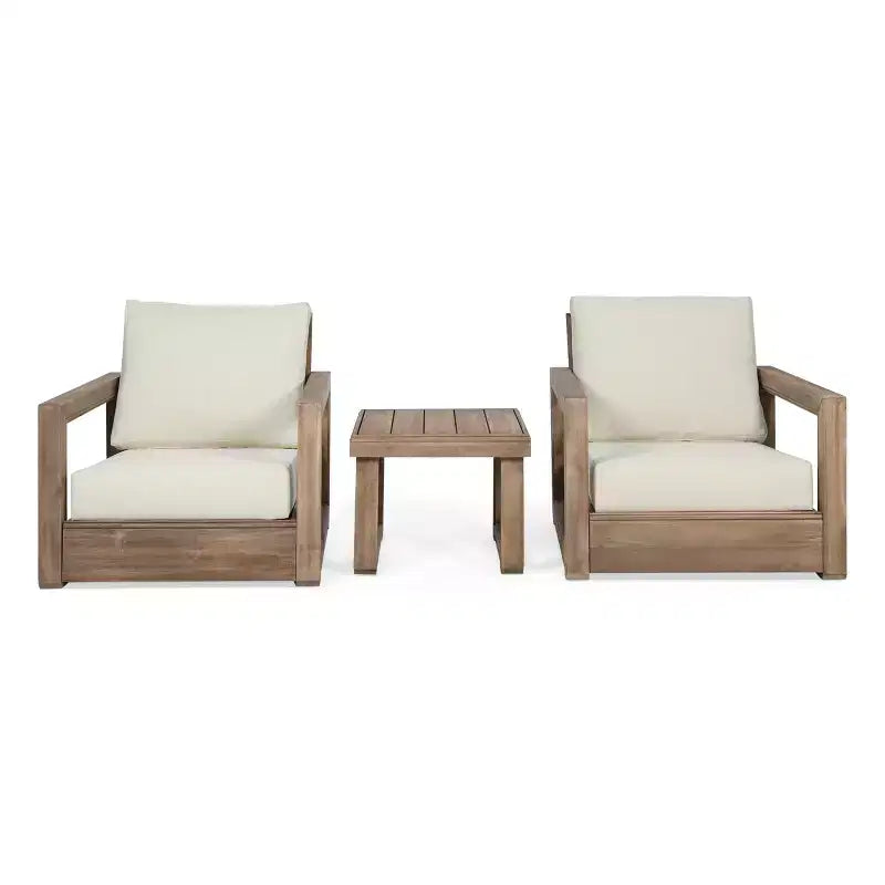 Christopher Knight Home Andrae Outdoor Acacia Wood 3 Piece Chat Set with Cushions, Brown and Beige