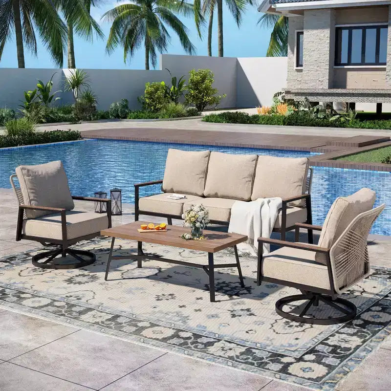 Captiva Designs Outdoor Woven Rope Patio Conversation Set with Swivel Chairs for Poolside, Garden, and Backyard