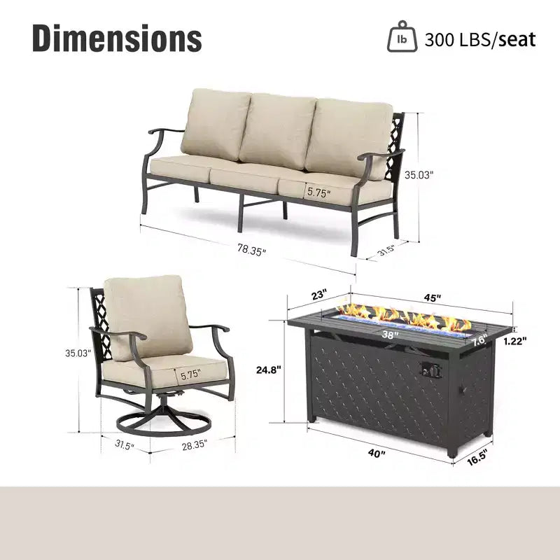 Captiva Designs Ensemble de salon de jardin 4 pièces avec braséro et fauteuils pivotants pour jardin, piscine, terrasse