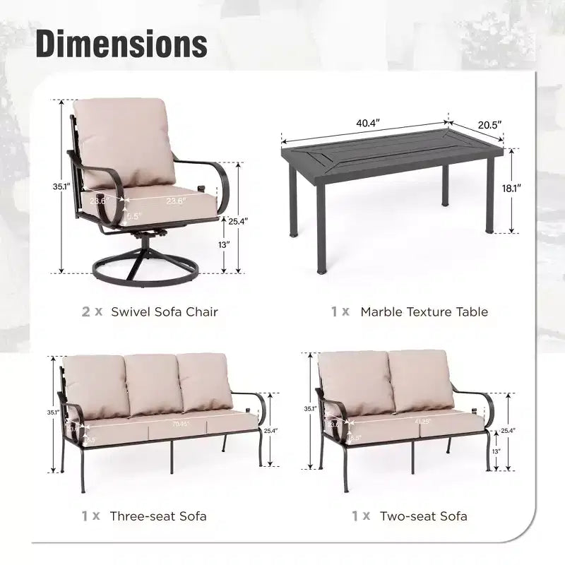 Captiva Designs Salon de jardin 6 pièces extra large en métal avec quatre fauteuils pivotants à dossier motif et une causeuse