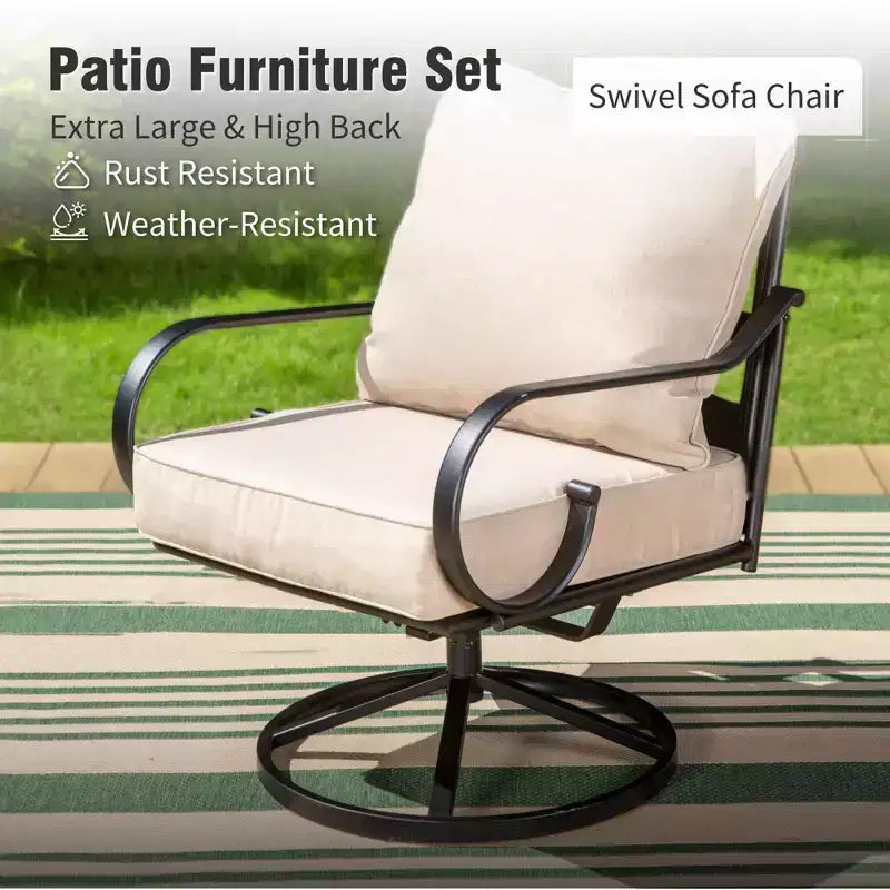 Captiva Designs Salon de jardin 6 pièces extra large en métal avec quatre fauteuils pivotants à dossier motif et une causeuse