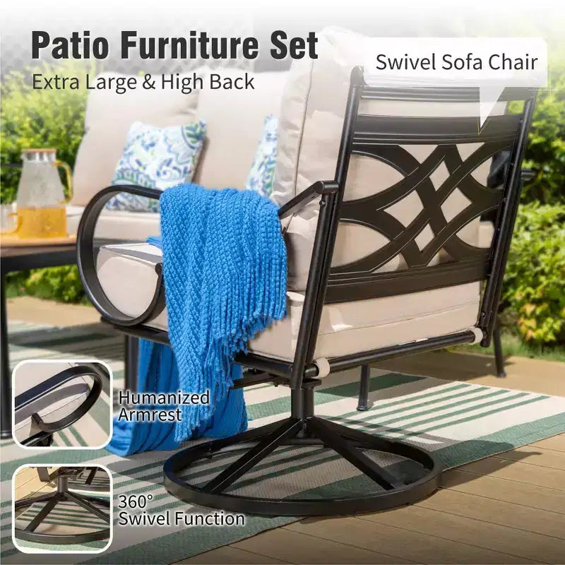 Captiva Designs Salon de jardin 6 pièces extra large en métal avec quatre fauteuils pivotants à dossier motif et une causeuse