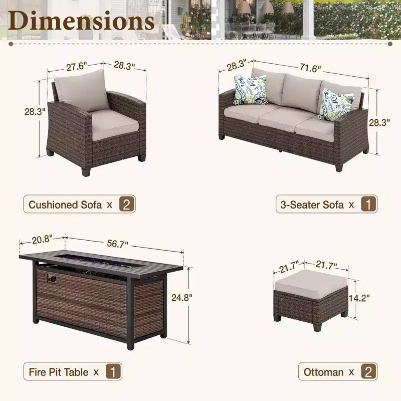 Captiva Designs Salon de jardin 6 pièces en osier et rotin avec foyer, poufs et fauteuils rembourrés