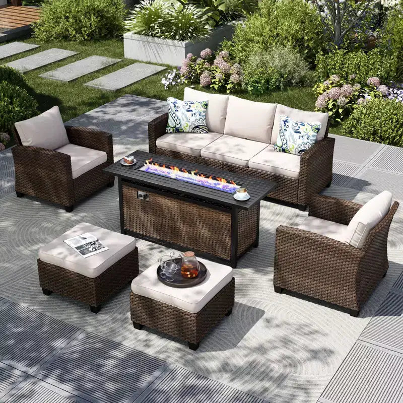 Captiva Designs 6pc Outdoor Patio Wicker Rattan Fire Pit Set with Cushioned Ottomans and Armchairs