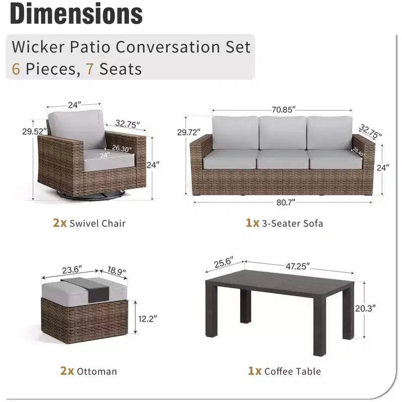 Captiva Designs Salon de conversation extérieur en osier 6 pièces avec table basse pivotante et pouf pour terrasse, jardin, piscine