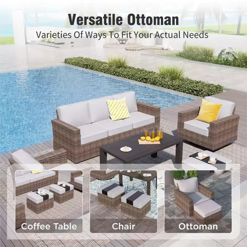 Captiva Designs Salon de conversation extérieur en osier 6 pièces avec table basse pivotante et pouf pour terrasse, jardin, piscine