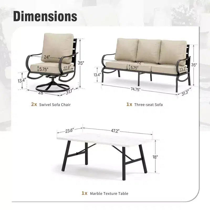 Captiva Designs, ensemble de conversation 4 pièces en métal pour patio, avec fauteuils pivotants, pour jardin, véranda, arrière-cour.