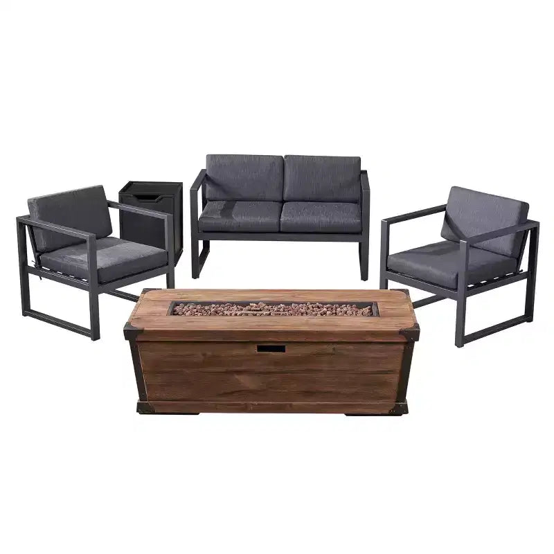 Christopher Knight Home Outdoor Aluminum 4 Seater Chat Set with Fire Pit, Gray/Brown