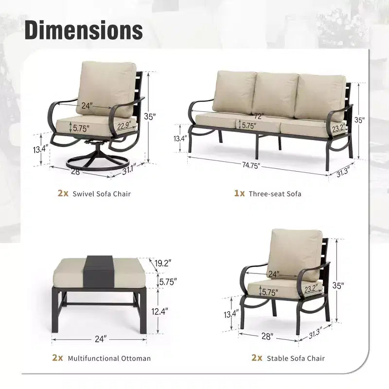 Ensemble de conversation de 7 pièces de mobilier de patio en métal Captiva Designs avec fauteuils pivotants pour jardin, porche, cour arrière