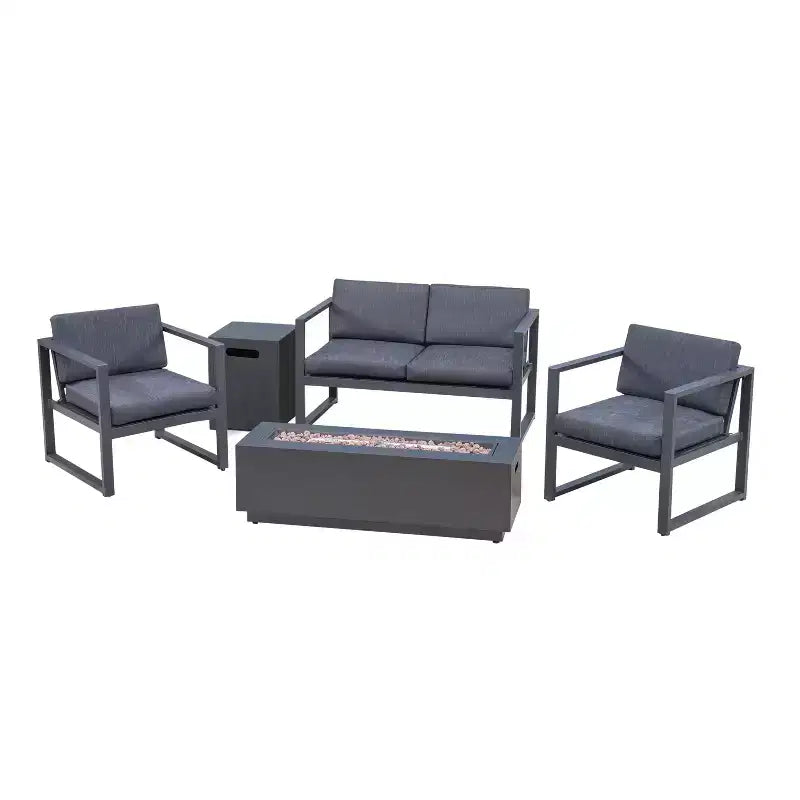 Christopher Knight Home Eclipse Outdoor Aluminum 4 Seater Chat Set with Fire Pit, Black/Dark Gray
