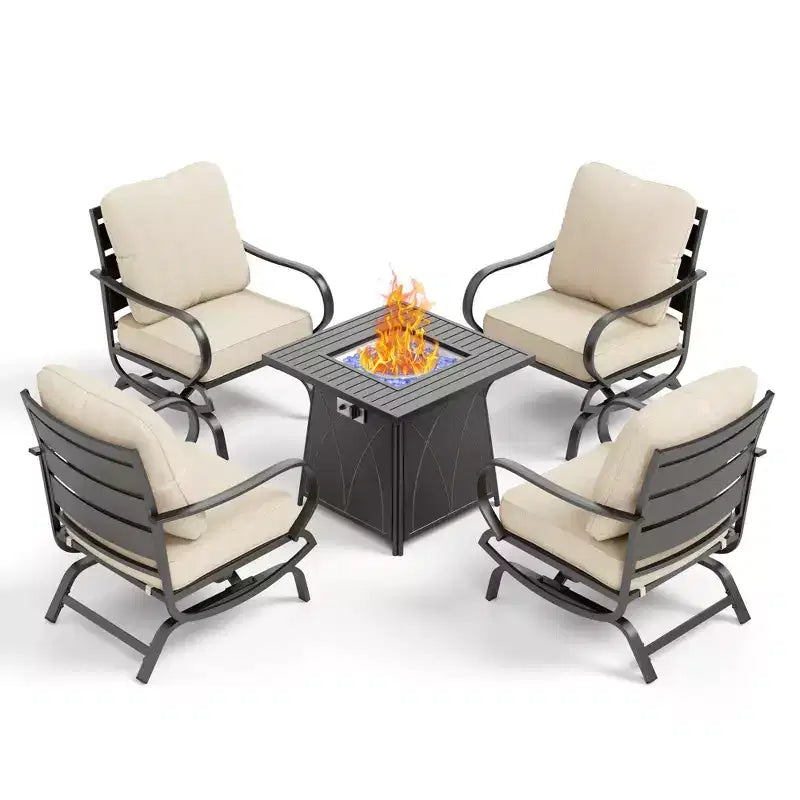 Captiva Designs 5pc Metal Patio seating Furniture Fire Pit Set for with Rocking Chairs Garden Porch Backyard