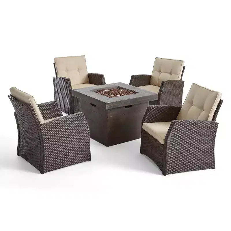 Christopher Knight Home Mawbey Salon de Jardin 5 Pièces avec Fauteuils et Foyer Extérieur en Rotin et Coussins