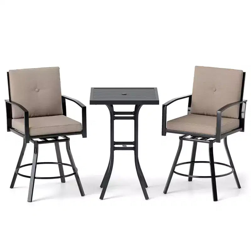Costway 3 PCS Patio Swivel Bar Set Table and Chairs Set with Soft Cushions & Umbrella Hole