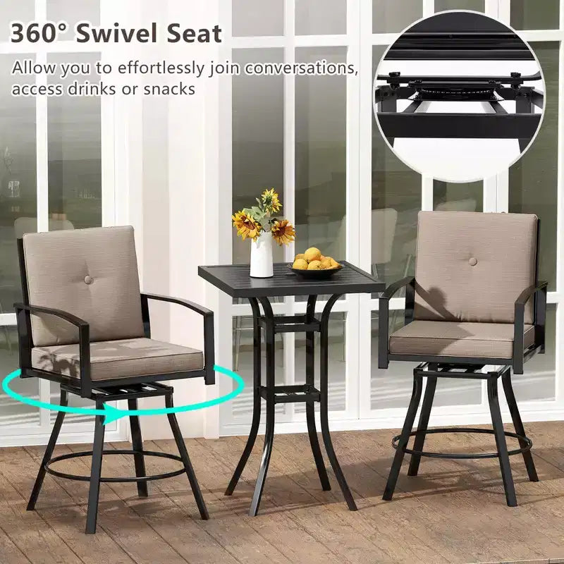 Ensemble de bar pivotant Costway 3 pièces pour patio, table et chaises avec coussins moelleux et trou pour parasol