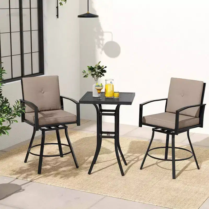 Ensemble de bar pivotant Costway 3 pièces pour patio, table et chaises avec coussins moelleux et trou pour parasol