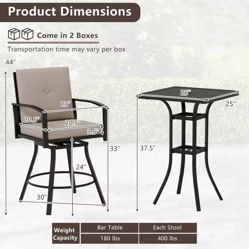Ensemble de bar pivotant Costway 3 pièces pour patio, table et chaises avec coussins moelleux et trou pour parasol