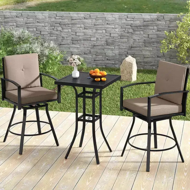Ensemble de bar pivotant Costway 3 pièces pour patio, table et chaises avec coussins moelleux et trou pour parasol