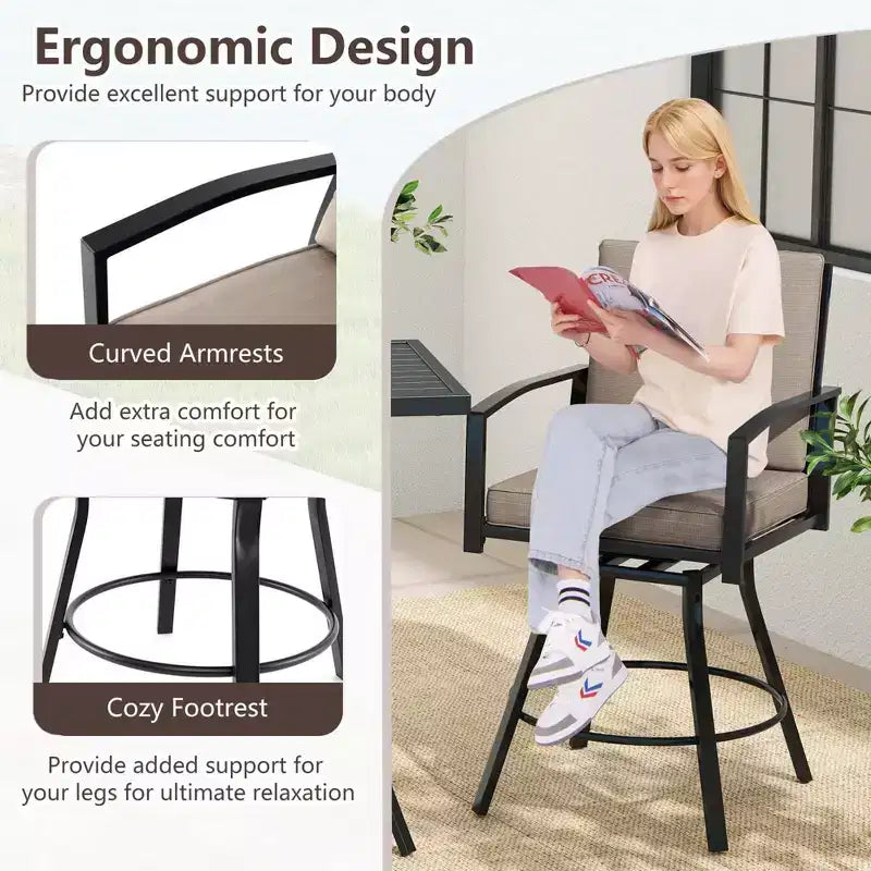 Ensemble de bar pivotant Costway 3 pièces pour patio, table et chaises avec coussins moelleux et trou pour parasol