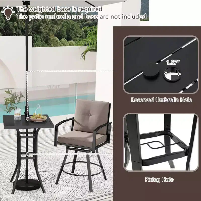 Ensemble de bar pivotant Costway 3 pièces pour patio, table et chaises avec coussins moelleux et trou pour parasol