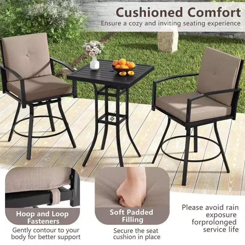 Ensemble de bar pivotant Costway 3 pièces pour patio, table et chaises avec coussins moelleux et trou pour parasol