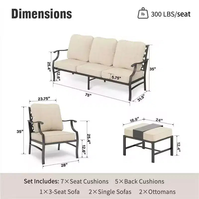 Captiva Designs Salon de conversation d'extérieur 5 pièces en métal avec fauteuils et ottomans à dossier grillagé