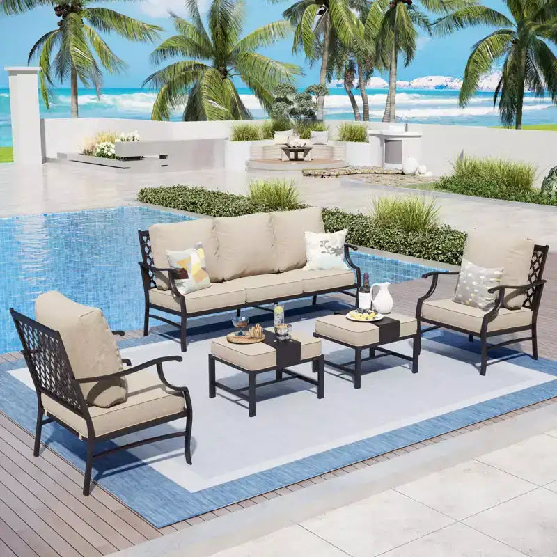 Captiva Designs 5pc Metal Patio Outdoor Conversation Set with Grid-back Armchairs and Ottomans