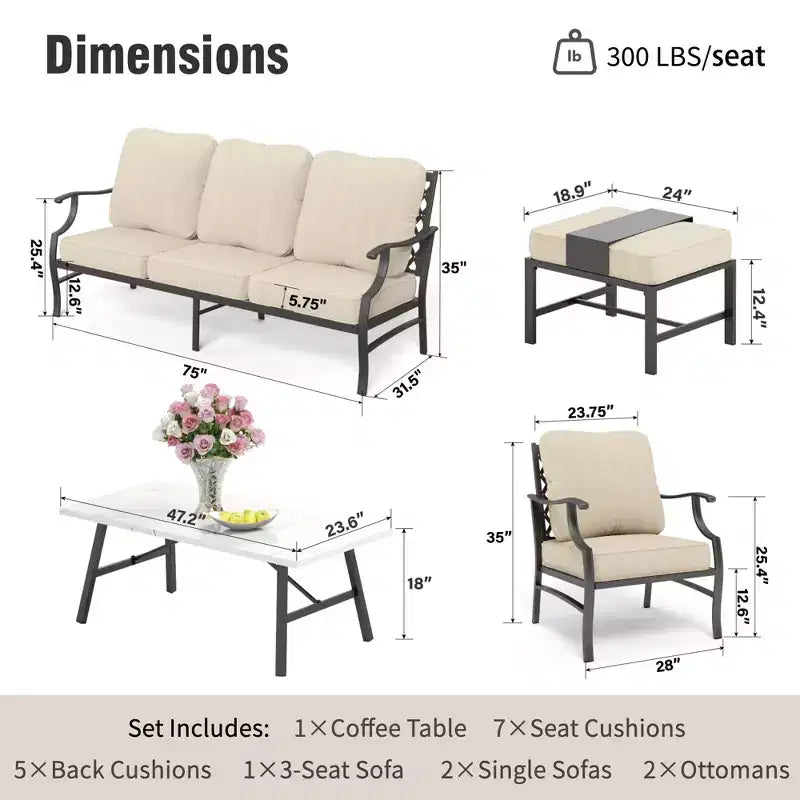 Captiva Designs Ensemble de conversation d'extérieur 6 pièces en métal avec fauteuils à dossier quadrillé, poufs et table basse