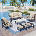 Captiva Designs 6pc Metal Patio Outdoor Conversation Set with Grid-back Armchairs, Ottomans and Coffee Table