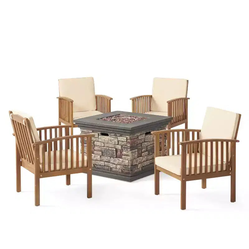 Christopher Knight Home Courtland Outdoor Acacia Wood 5 Piece Club Chair and Fire Pit Set with Cushions