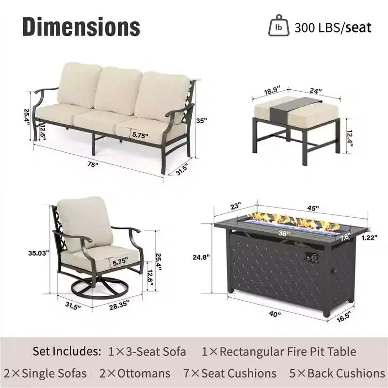 Captiva Designs – Salon de conversation d'extérieur 6 pièces avec braseros, fauteuils pivotants et ottomans