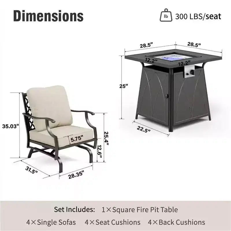 Captiva Designs Ensemble de conversation d'extérieur 5 pièces pour patio avec foyer et fauteuils à bascule à dossier ajouré, pour jardin, bord de piscine, arrière-cour