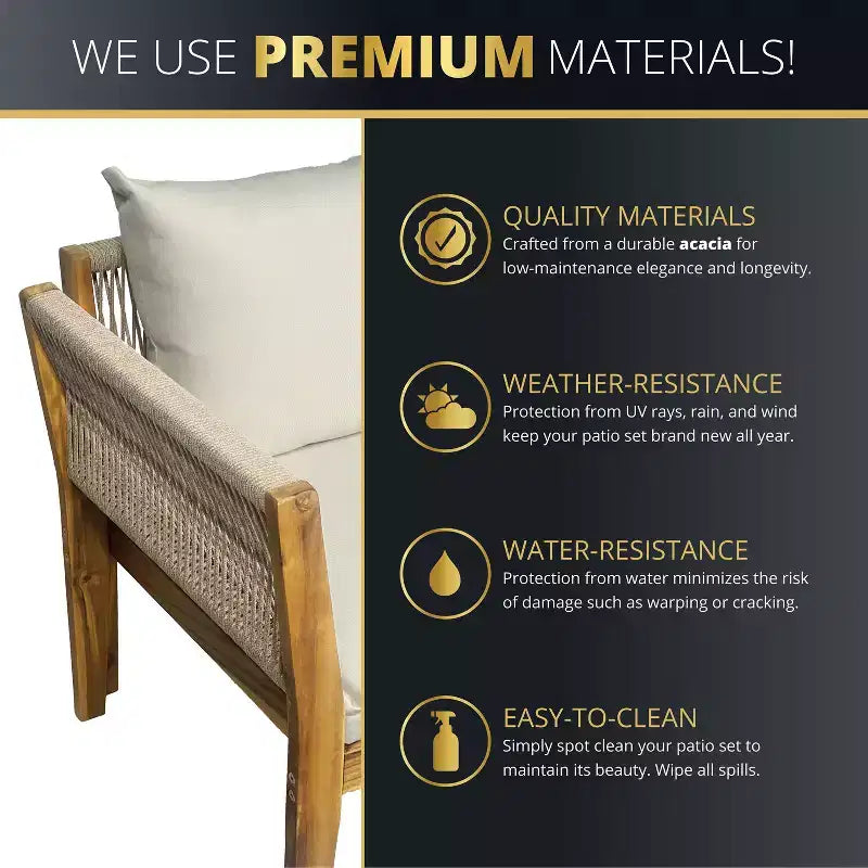 Kinger Home Steven, ensemble de meubles de patio 4 pièces en acacia avec coussins, meubles de patio élégants et durables en bois compact