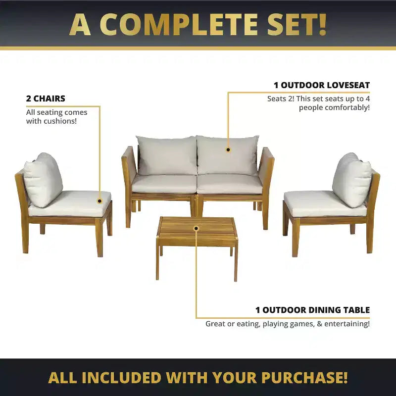 Kinger Home Steven, ensemble de meubles de patio 4 pièces en acacia avec coussins, meubles de patio élégants et durables en bois compact