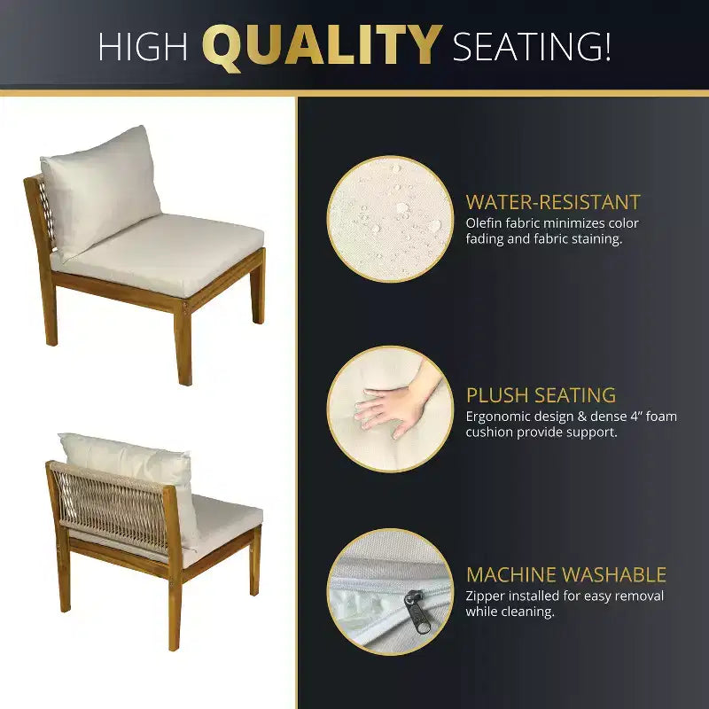 Kinger Home Steven, ensemble de meubles de patio 4 pièces en acacia avec coussins, meubles de patio élégants et durables en bois compact