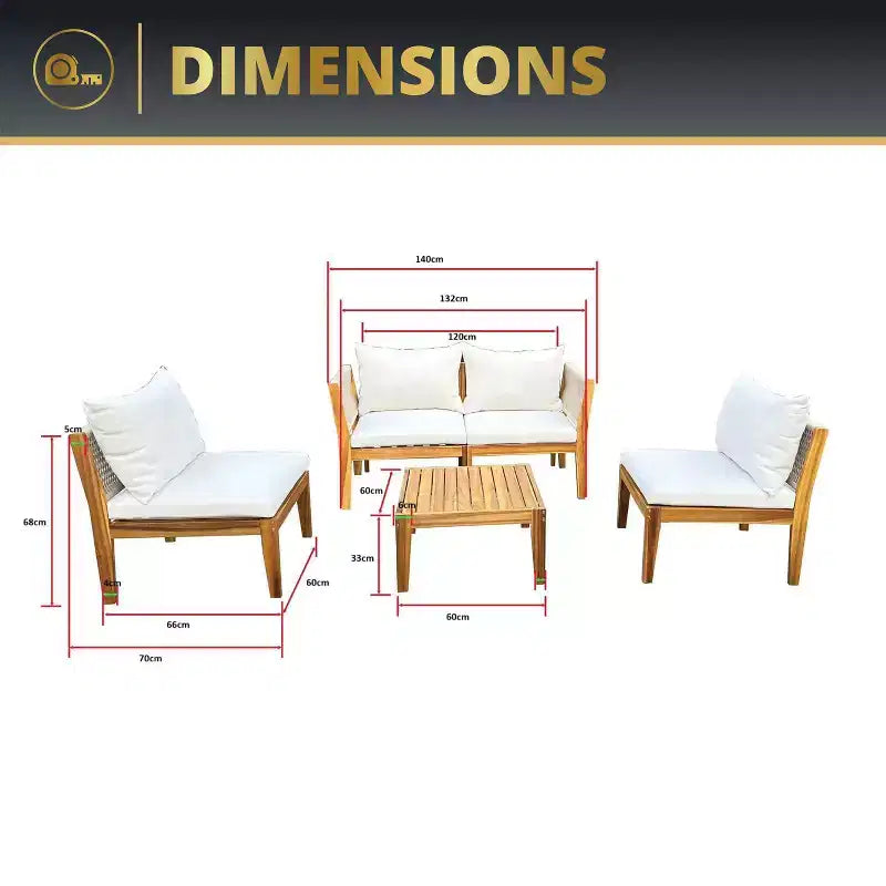 Kinger Home Steven, ensemble de meubles de patio 4 pièces en acacia avec coussins, meubles de patio élégants et durables en bois compact
