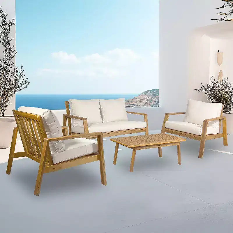 Kinger Home Cheryl 4-Piece Acacia Wood Patio Furniture Set Stylish Outdoor Patio Furniture with Waterproof Cushions