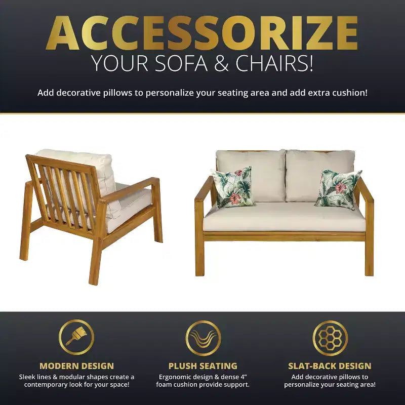 Kinger Home Cheryl Salon de jardin 4 pièces en bois d'acacia Meubles de patio élégants avec coussins imperméables