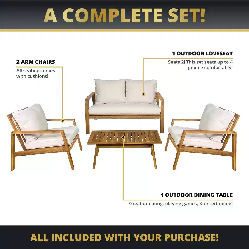 Kinger Home Cheryl Salon de jardin 4 pièces en bois d'acacia Meubles de patio élégants avec coussins imperméables