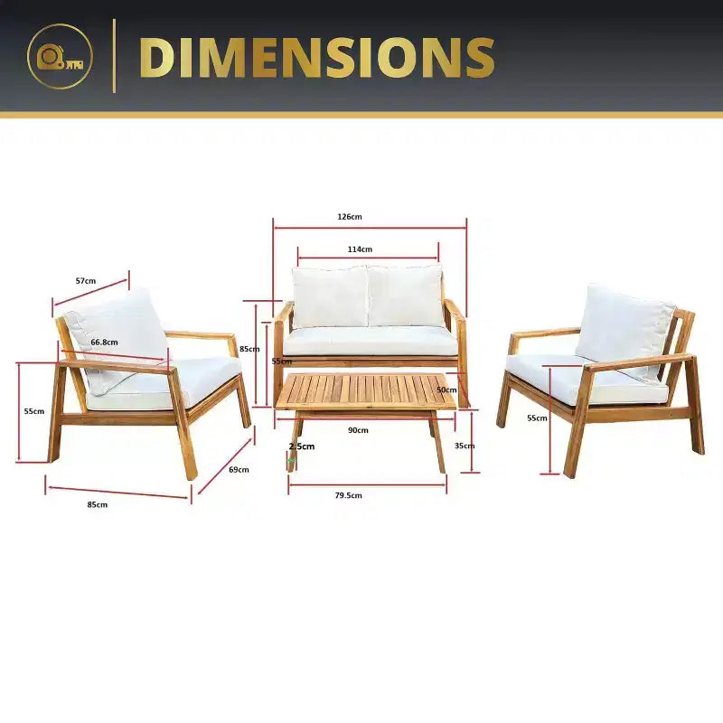 Kinger Home Cheryl Salon de jardin 4 pièces en bois d'acacia Meubles de patio élégants avec coussins imperméables