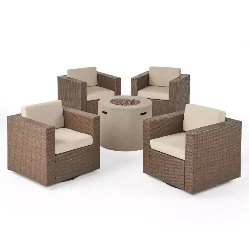 Christopher Knight Home Eli Outdoor Wicker 5 Piece Swivel Club Chair and Fire Pit Set with Cushions