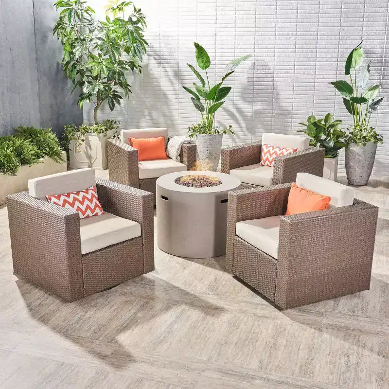 Christopher Knight Home Eli Ensemble de 5 pièces comprenant un fauteuil club pivotant et un foyer extérieur en osier avec coussins