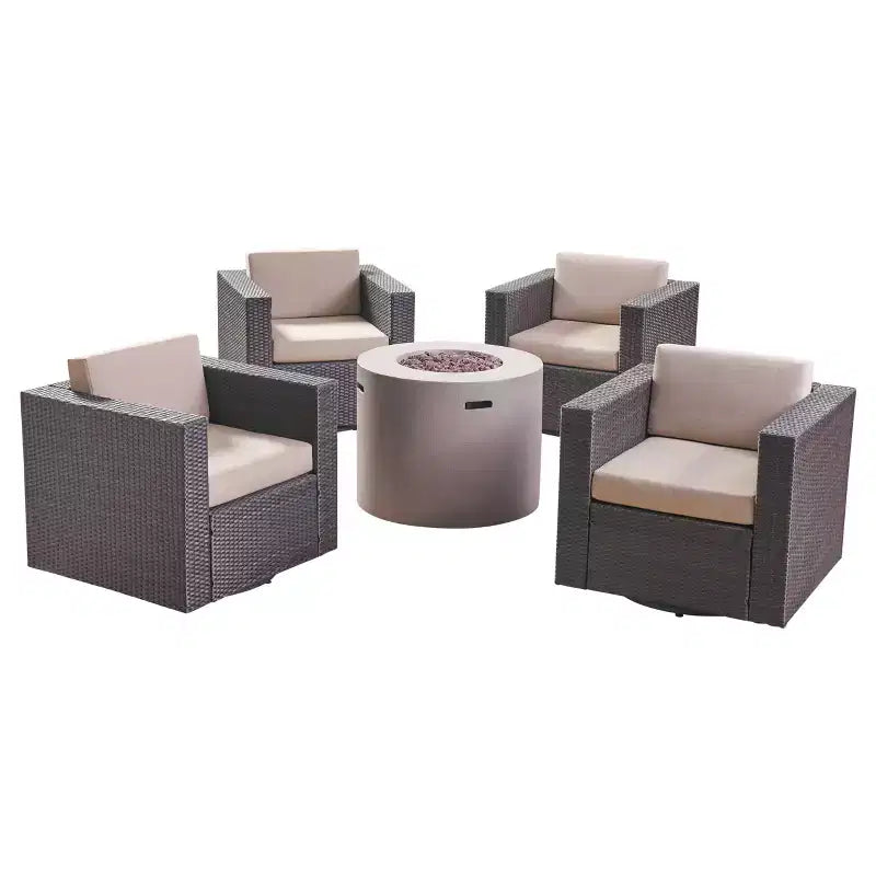 Christopher Knight Home Eli Ensemble de 5 pièces comprenant un fauteuil club pivotant et un foyer extérieur en osier avec coussins