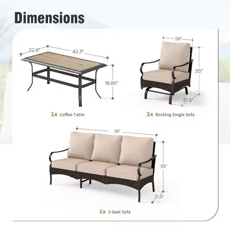 Captiva Designs Ensemble de conversation d'extérieur 4 pièces extra large en métal et rotin avec fauteuils à bascule