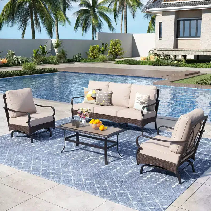 Captiva Designs 4pc Extra Large Metal and Rattan Outdoor Patio Conversation Set with Rocking Single Sofas