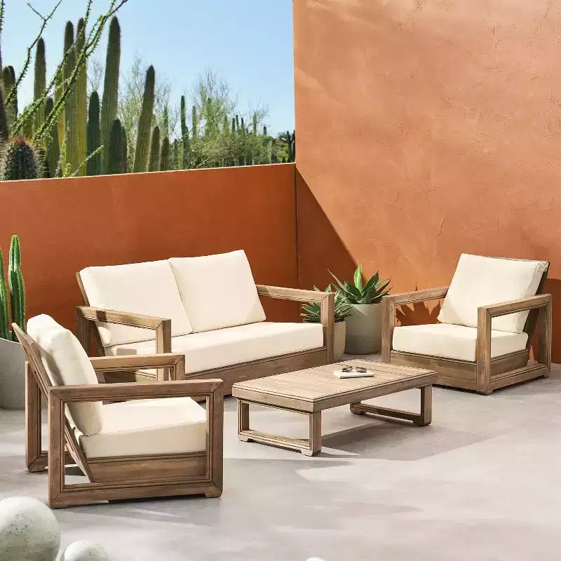 Christopher Knight Home Andrae Outdoor Acacia Wood 4 Seater Chat Set with Cushions, Brown and Beige