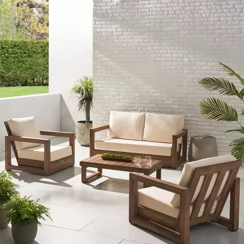 Christopher Knight Home Andrae Salon de jardin 4 places en bois d'acacia avec coussins, marron et beige