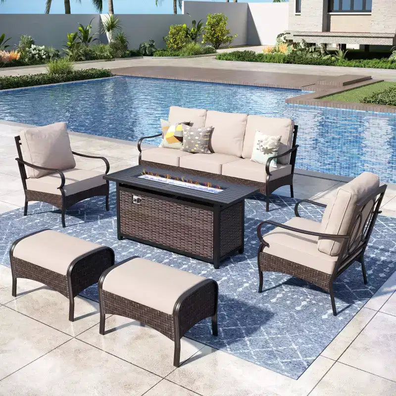 Captiva Designs 6pc Extra Large Metal and Rattan Outdoor Patio Fire Pit Set with Single Sofas and Ottomans