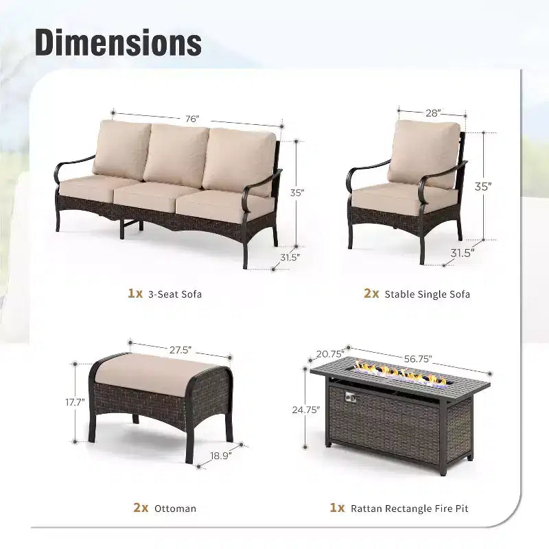 Captiva Designs Ensemble de salon de jardin 6 pièces avec brasero, canapés individuels et poufs en métal et résine tressée extra large